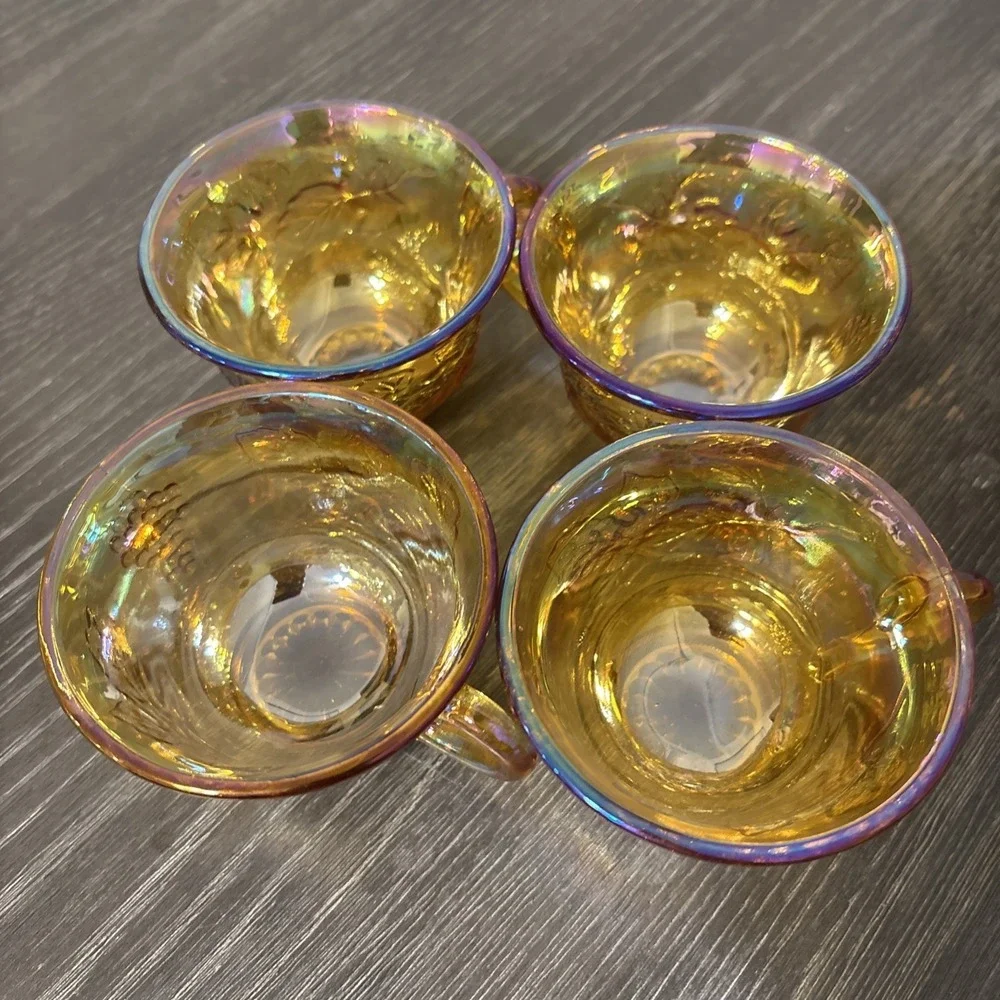 INDIANA GLASS CARNIVAL PRINCESS GRAPE HARVEST Iridescent Amber‎ Cups set of 4